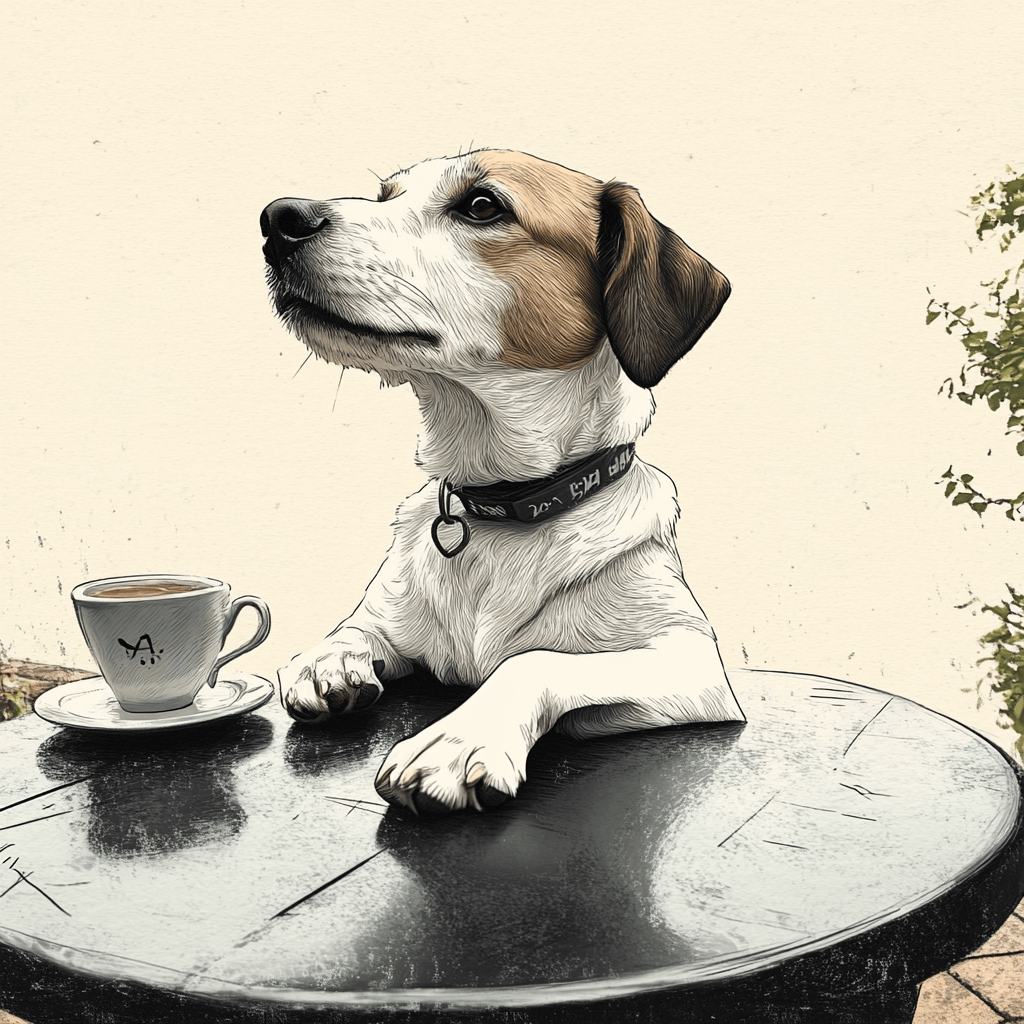 En jack russel hund och en kopp kaffe